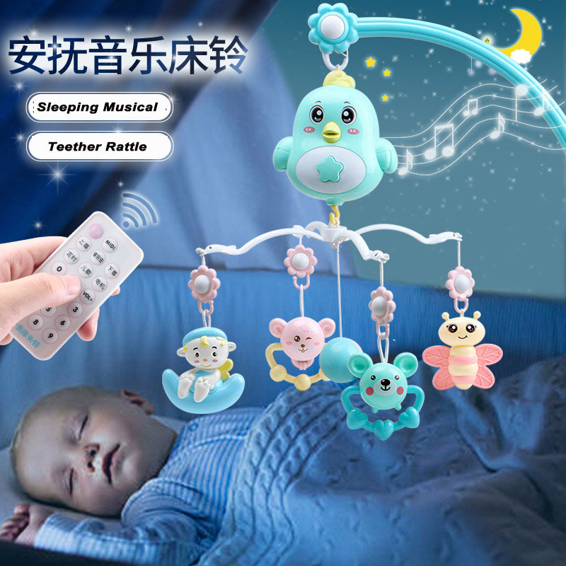 Móvil para cuna de bebé con control remoto, caja de música con luz nocturna que gira, cama para recién nacido, juguetes para bebés