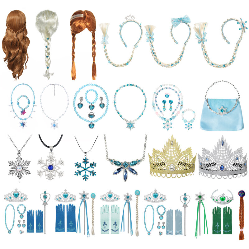 Set Perhiasan Mahkota Tongkat Sarung Tangan Aksesori Anna Elsa Perempuan Wig Kepang Elsa untuk Gaun Putri Cosplay Aksesori Ratu Salju