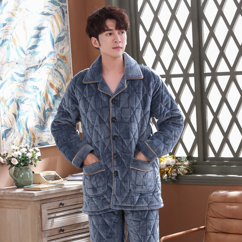 Pyjama matelassé en flanelle de coton pour homme, veste à manches longues, épais, de haute qualité, pour service à domicile, hiver