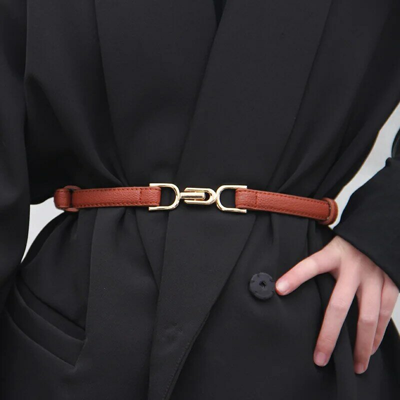Cinturón de piel sintética para mujer, cinturón negro con hebilla de Metal, a la moda, para el verano