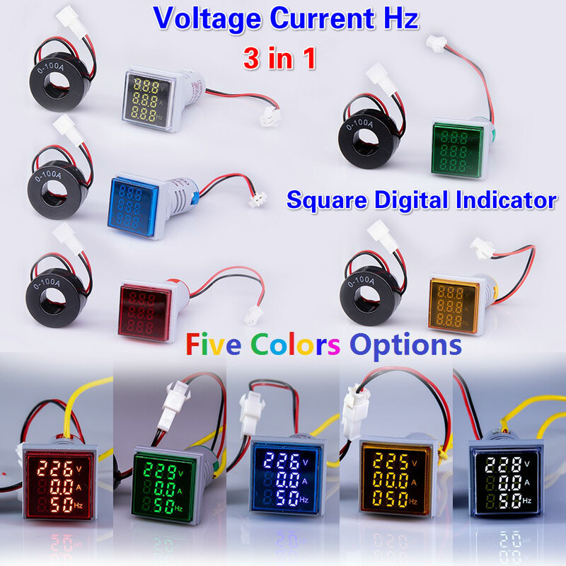 디지털 전압계 전류계, 새로운 Hz AC 전류 주파수 계량기 표시기, 디지털 전압 증폭기 LED, 3in 1, 22mm, 60-500V, 0-100A, 20-75Hz