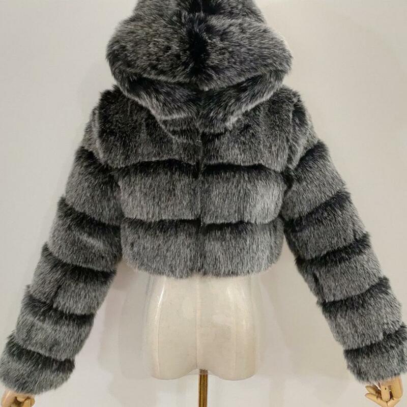 Abrigo de piel sintética para mujer, Chaqueta corta cálida con capucha y cremallera, esponjosa, moda de invierno