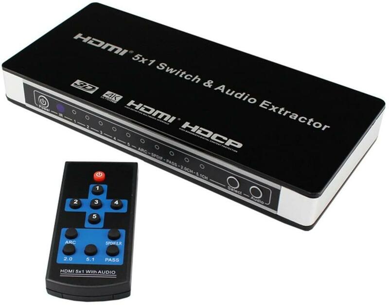 HDMI Switch 5x1 Audio Extractor 4K x 2K@30Hz HDMI 5 port Switcher box with IR Remote Control and Power Adapter Full HD 1080P