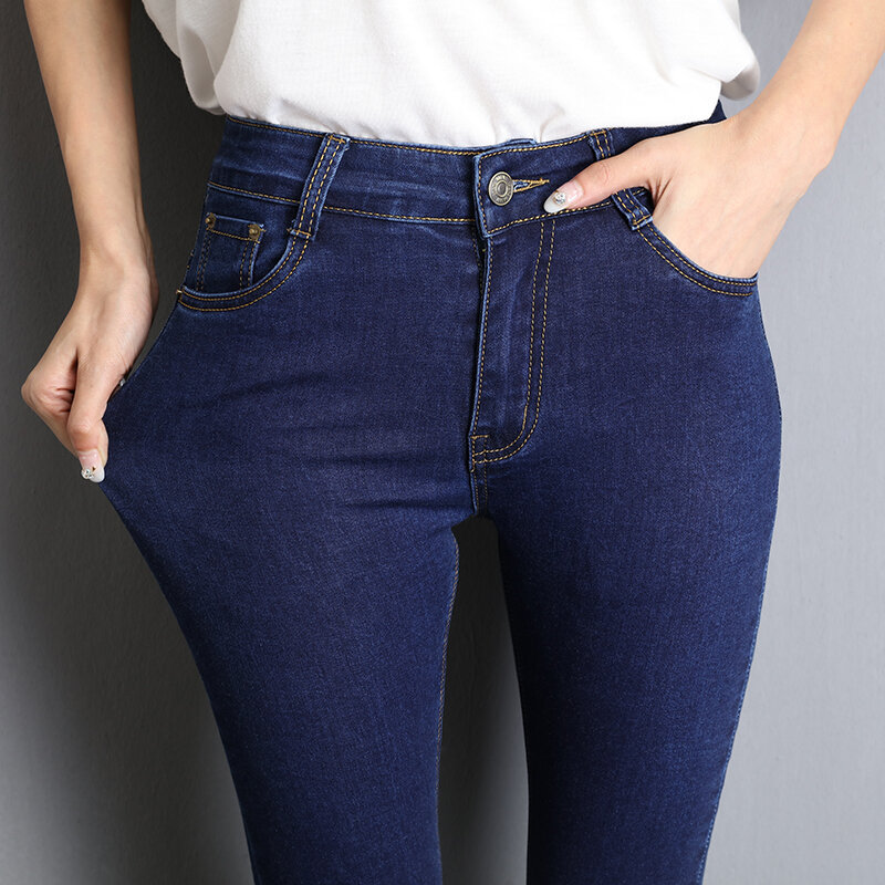 Jeans für Frauen mom Jeans blau grau schwarz Frau Hohe Elastische 36 38 40 Stretch Jeans weibliche gewaschen denim dünne bleistift hosen