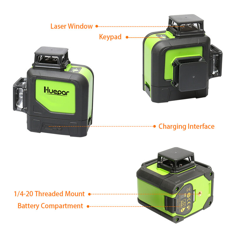 Huepar 12 линиий, лазерный аппарат для нивелирования 3D,12 линий, поперечный лазерныйлуч, горизонтальный зеленыйлазерныйлуч, 3x360,вертикальный и горизонтальный луч пересекают