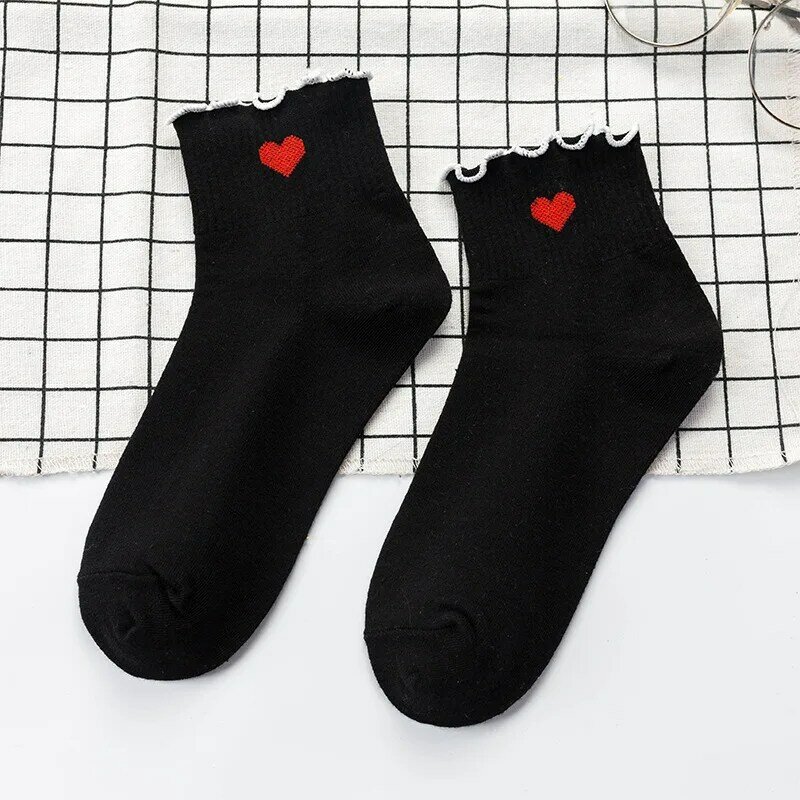 Meia Lolita-Calcetines cortos de algodón para mujer, medias informales con volantes, corazones rojos, lunares blancos, Kawaii, negro, regalo