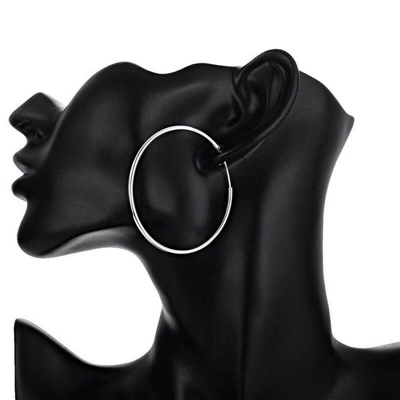 100% Pure 925 Sterling Silver Hoop ต่างหูสำหรับผู้หญิง 50 มม.60 มม.รอบวงกลมผู้หญิงเรียบง่ายเงินต่างหู