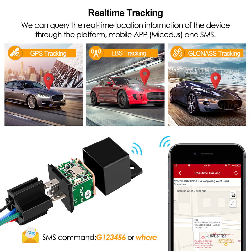 Tracker GPS per auto Micodus MV720 MV740 relè Design nascosto Cut Off localizzatore GPS carburante 9-95V Shake avviso di velocità eccessiva APP gratuita PK CJ720