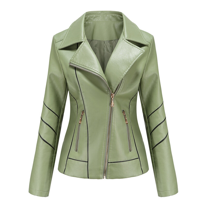 Nova alta qualidade magro outono feminino jaqueta de couro seção fina pequena jaqueta senhoras terno da motocicleta tamanho grande