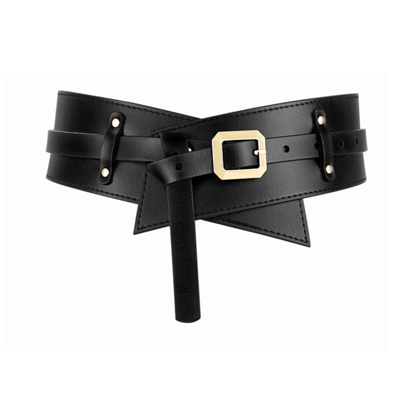 New Knot Belts For Coat Khaki Super Wide Cummerbunds Dress Black Soft Pu Leather Waistbands Sexy Gold Pin Buckle Waist Seal Lady