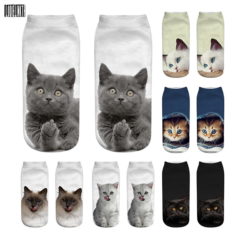 Calcetines cortos con estampado 3D para mujer, medias de tobillo bajo con estampado divertido de gatito Harajuku, Kawaii, colorido, múltiples caras de gato, dibujos animados felices, novedad