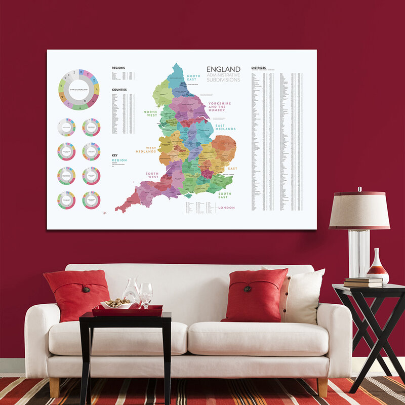 Lienzo no tejido con mapa de las subdivisiones centrales de Inglaterra, póster grande para decoración del hogar, suministros escolares, 225x150 Cm