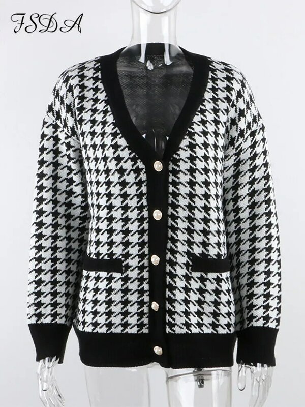 FSDA-Casaco de lã preto feminino com botão, suéter de manga comprida, tricotado, solto, extragrande, jumper casual, outono, inverno, 2022