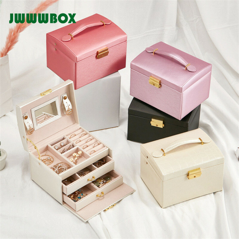 Jwwwbox 5 cores caixa de jóias couro do plutônio luxo três camadas duas gavetas mulheres meninas jóias caixa de armazenamento organizador presentes jwbx06