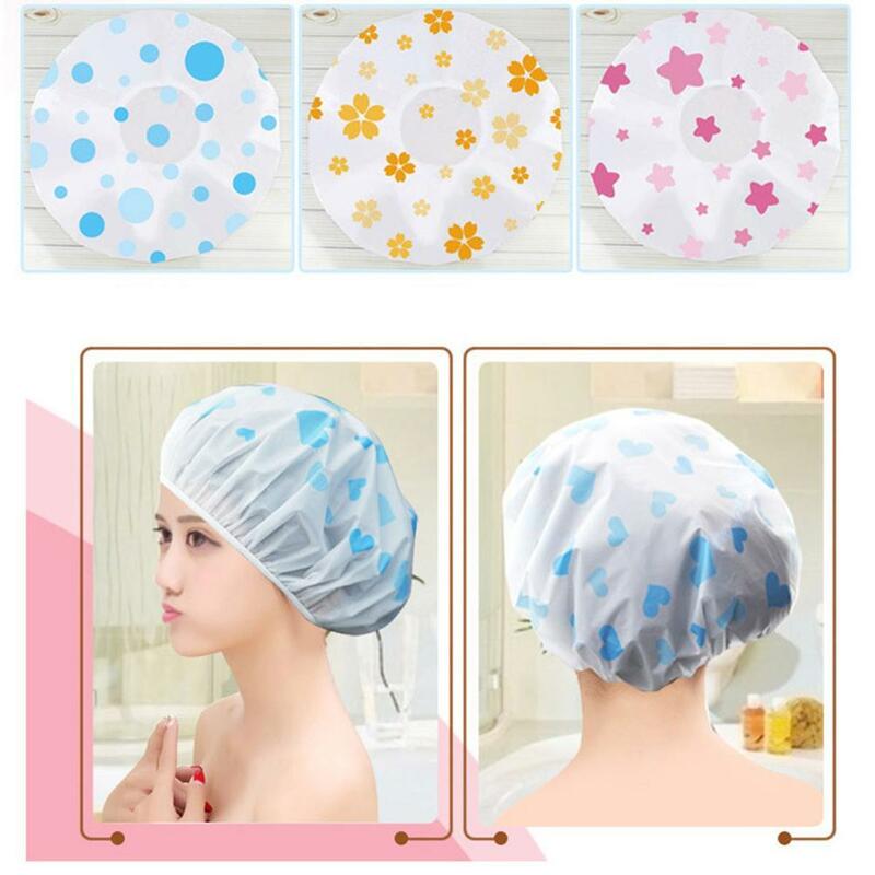 Shower Cap Women Cartoon Heart Lip Flower Print Waterproof Elastic Bathing Hat Shower Cap Women Supplies Shower Cap Bathroom