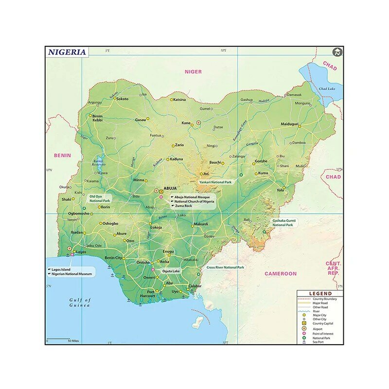 Карта Нигерии 90*90 см, Картина на холсте без рамы, настенный художественный плакат и принты, товары для класса, домашний декор для гостиной