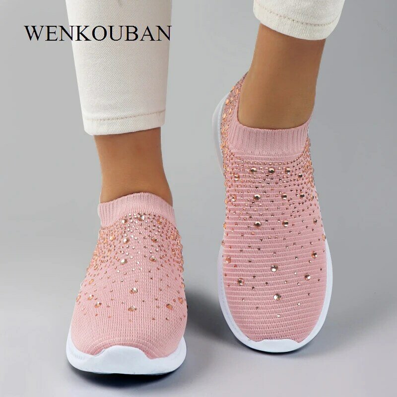 Musim Panas Sepatu Wanita Kaus Kaki Sepatu Kristal Sepatu Kets Putih Casual Flat Wanita Berjalan Childrens Pelatih Sepatu Basket Femme 2021
