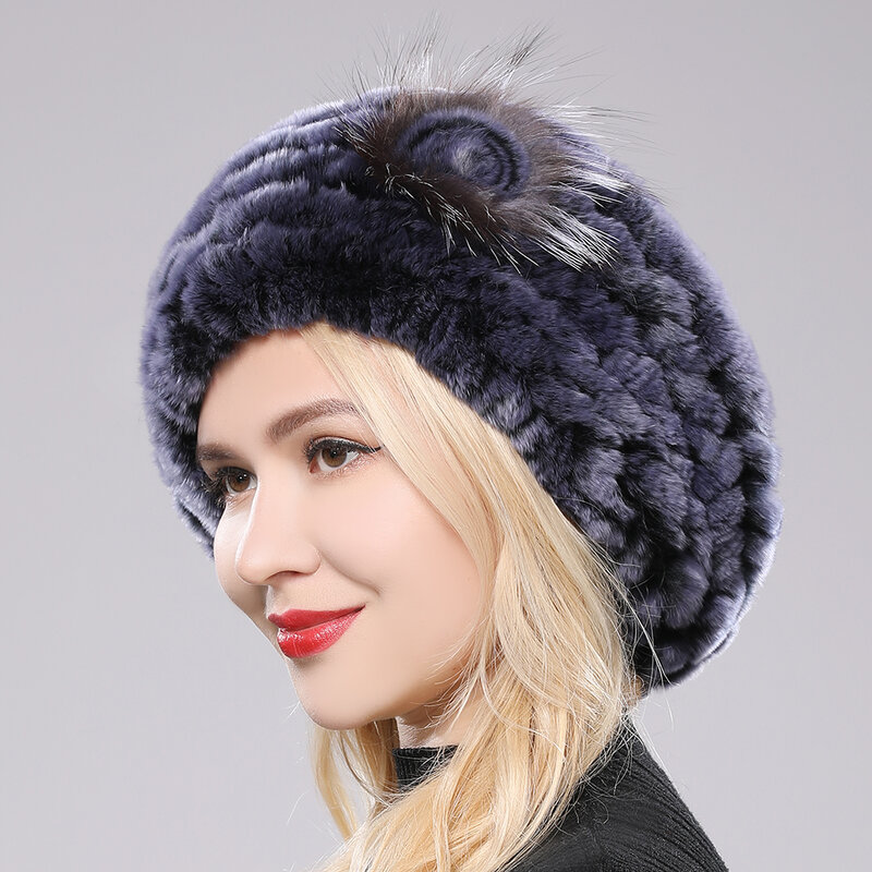 New Lovely Lady Beret Caps lavorato a maglia Real Rex Rabbit Fur Beanie Hat donna Winter Rex Rabbit Fur Hats 100% Real Rex Rabbit Fur Cap