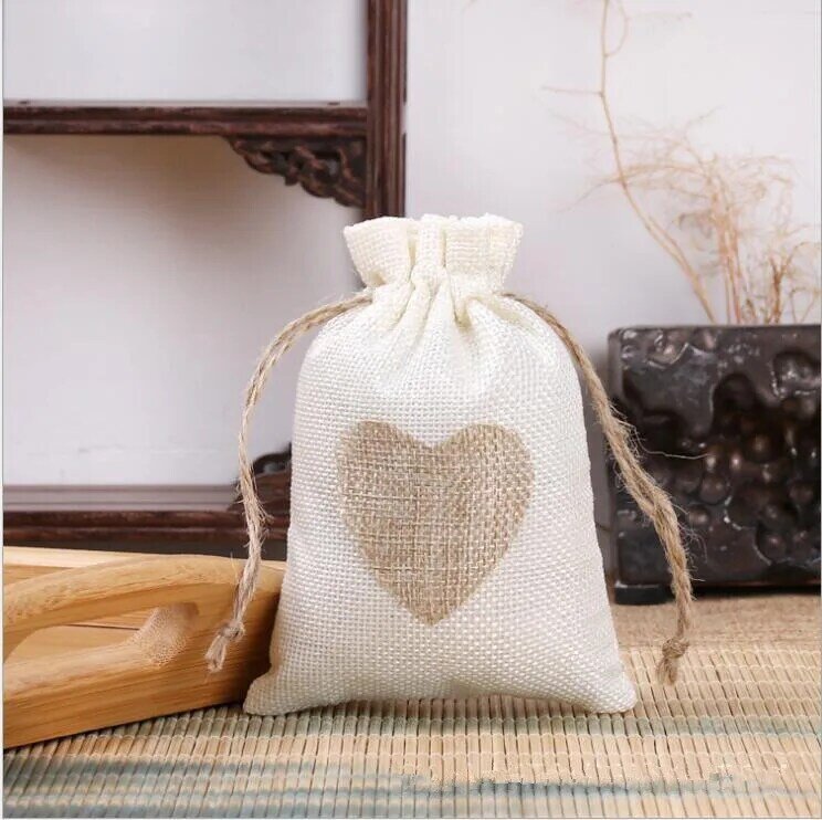 Sacs en toile de jute de proximité en coton imprimé coeur, petit sac pur, sacs cadeaux de Noël, 9.6x13.4cm, mode, 5 pièces