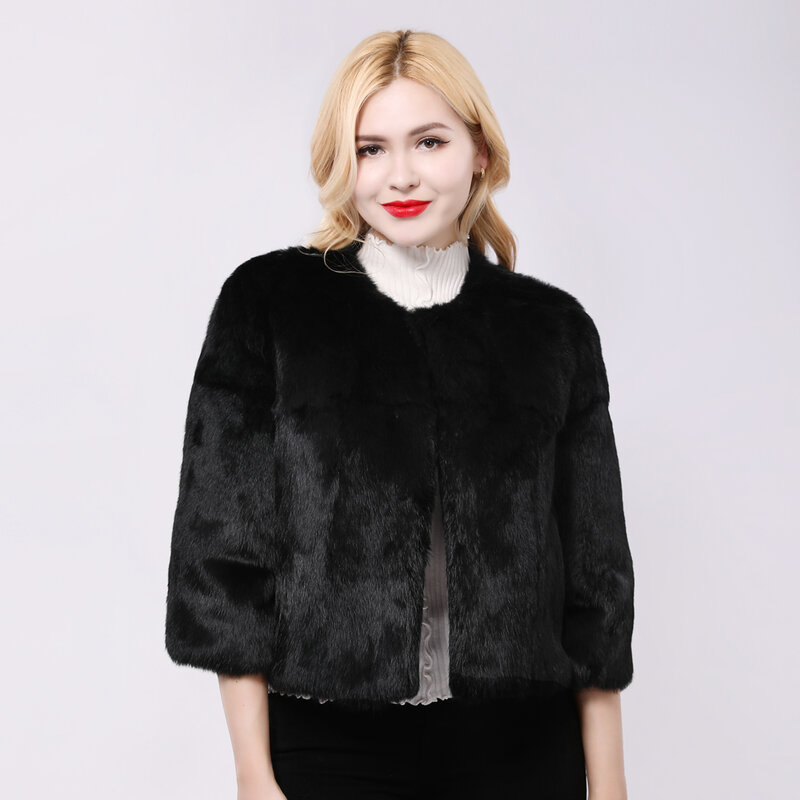 Merek Penjualan Laris Mantel Bulu Kelinci Asli Wanita Jaket Bulu Kelinci Asli Hangat Musim Dingin Wanita Mantel Bulu Kelinci Asli Warna Alami