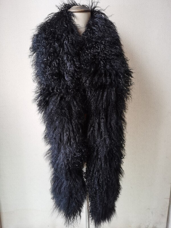 Real Mongolian Lamb Fur Scarf Neckerchief Women Winter Warm Shawl Wraps Overlength BLACK