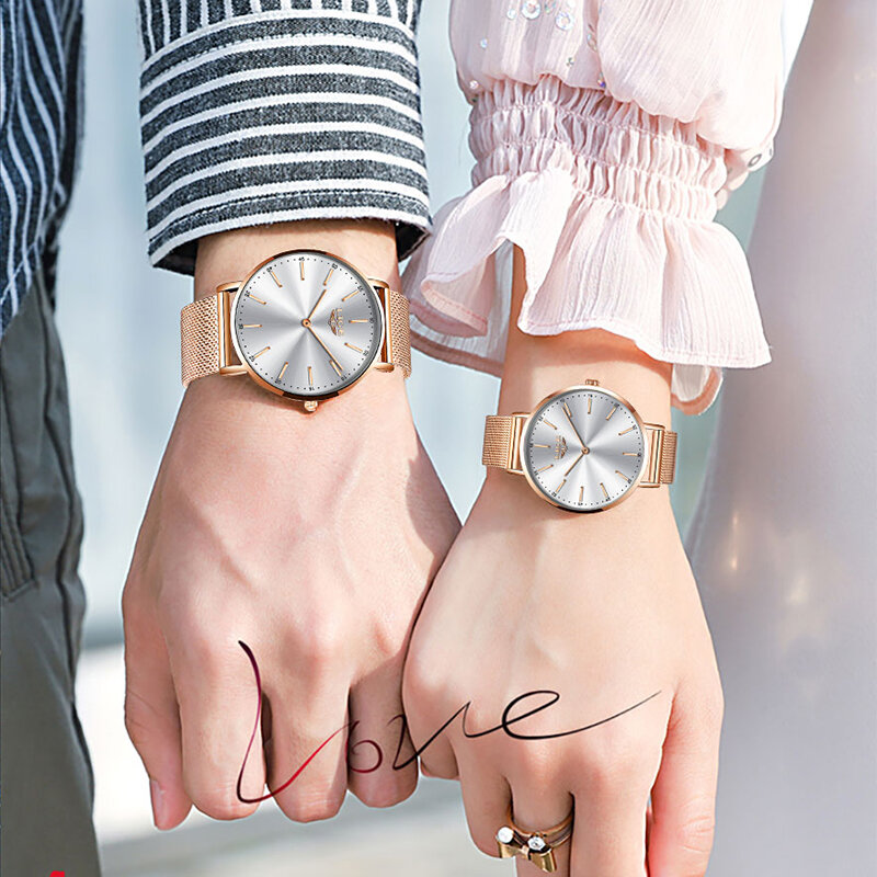 LIGE – montre de Couple pour amoureux, montre-bracelet à Quartz Ultra mince, mode Business, marque de luxe, or Rose