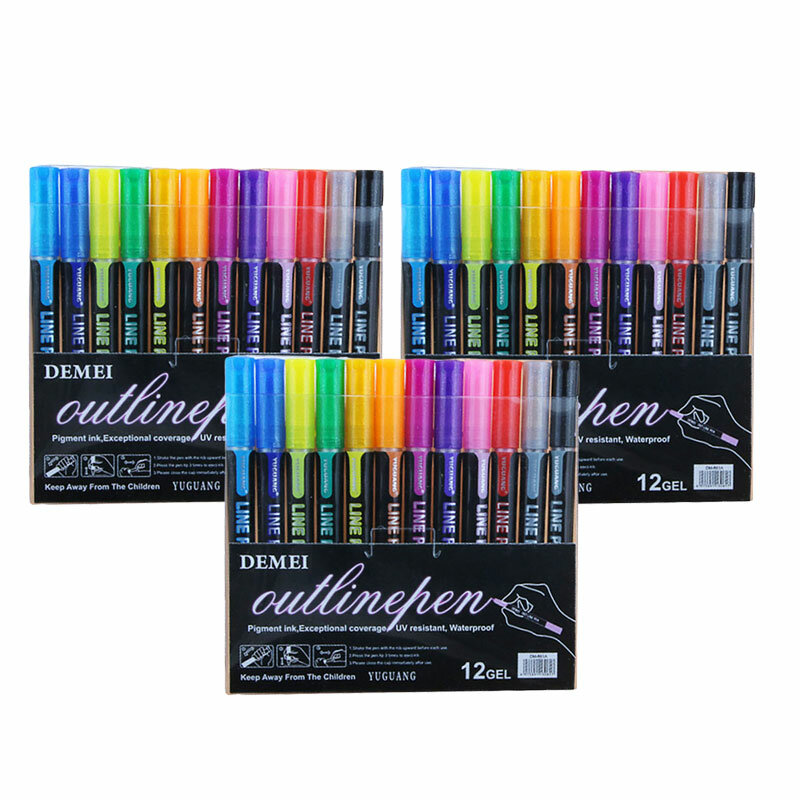 12 Warna/Set Pena Garis Ganda Spidol Glitter Neon Pena Gambar Pena Garis Besar Alat Tulis untuk Melukis DIY Seni Kerajinan Corat-coret
