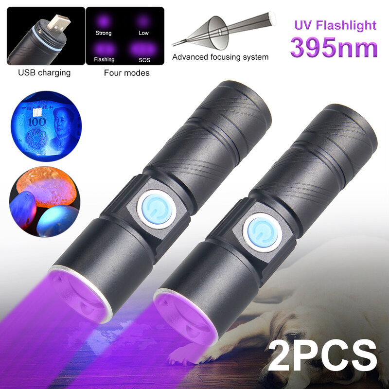 365nm 395nm UV-Licht Taschenlampe Schwarzlicht USB wiederauf ladbare taktische LED-Taschenlampe wasserdichte Inspektion Haustier Urin Taschenlampe