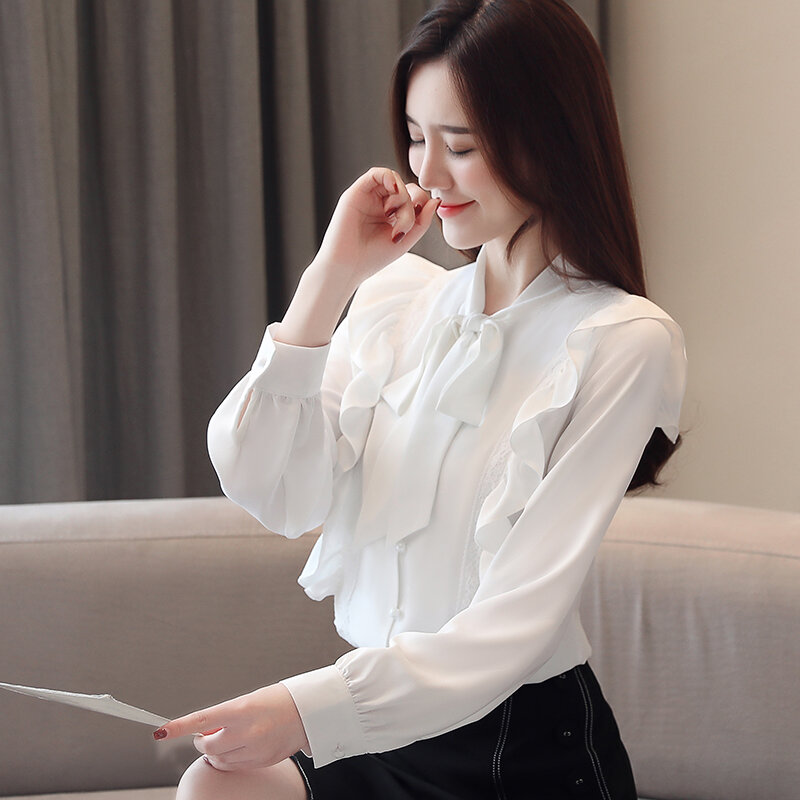 Wanita Musim Gugur Pakaian Blusas Mujer De Moda 2021 Baru Lengan Panjang Blus Sifon Busur Kerutan Wanita Korea Kemeja Fashion 5305 50