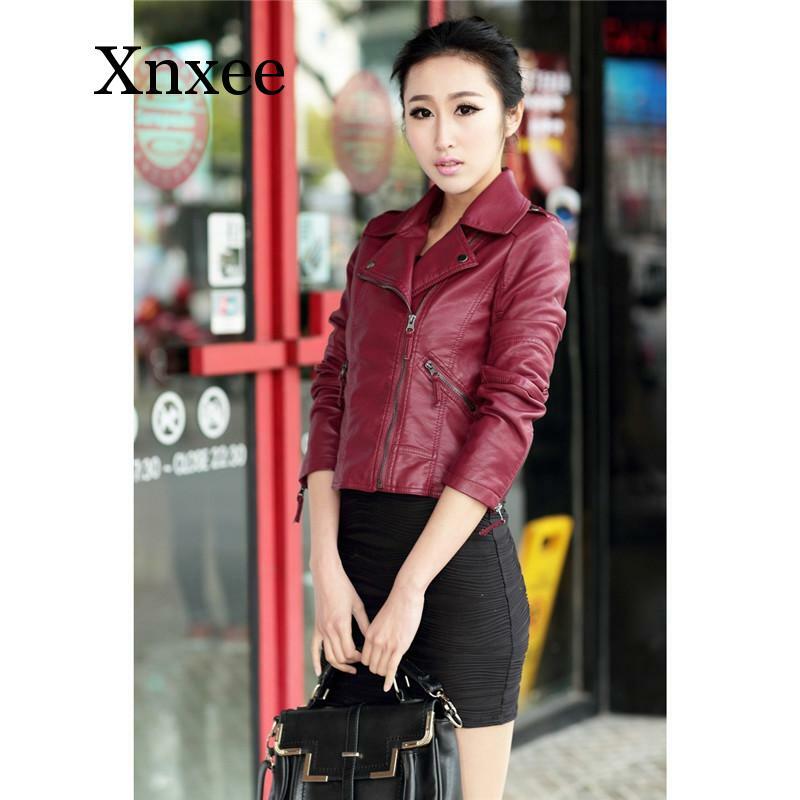Short Faux Leather Coat Women Black Wine Red  slim  PU Jacket Autumn Korean Zipper Pockets Coat short biker burgundy