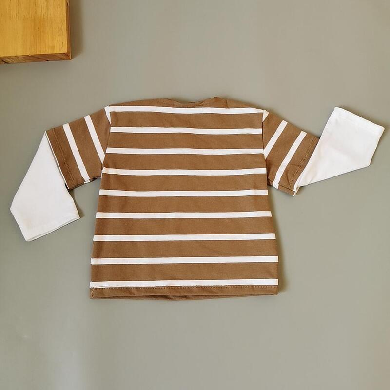 Kaus Polo lengan panjang garis-garis coklat, Atasan katun musim gugur untuk anak-anak