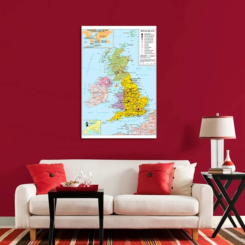 100*150 سنتيمتر المملكة المتحدة السياسية خريطة المرور في الفرنسية الجدار ملصق الفينيل قماش اللوحة اللوازم المدرسية ديكور المنزل