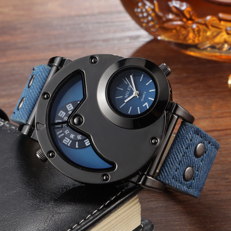 Relogio Masculino 2019 mężczyźni sport zegarki MILER zegarki 2 strefa czasowa niebieski materiał skórzany pasek zegarki kwarcowe męskie zegarki