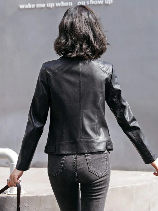 M-5XL Baru Perempuan Klasik Jaket kulit Musim Semi Musim Gugur 2024 Mode Kerah jas Warna Solid Langsing Pendek Pakaian Luar Kulit Domba Mantel Kulit Biker