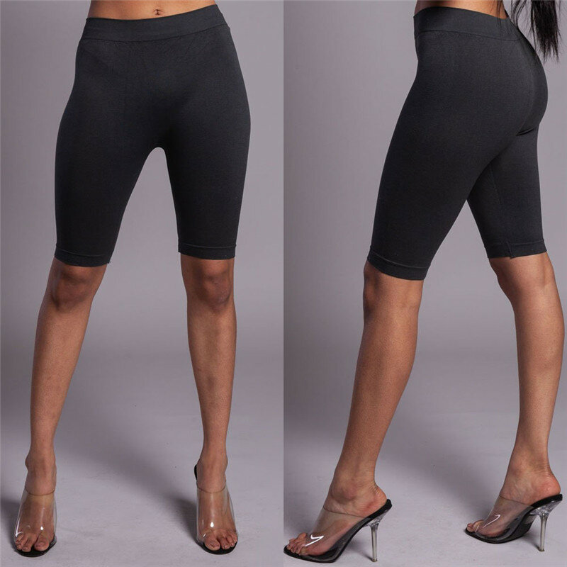 Casual Women Knee Length Leggings Solid Black Gray Crop Wide Waistband Cycling Short Leggings Summer Modern Women Short Trousers