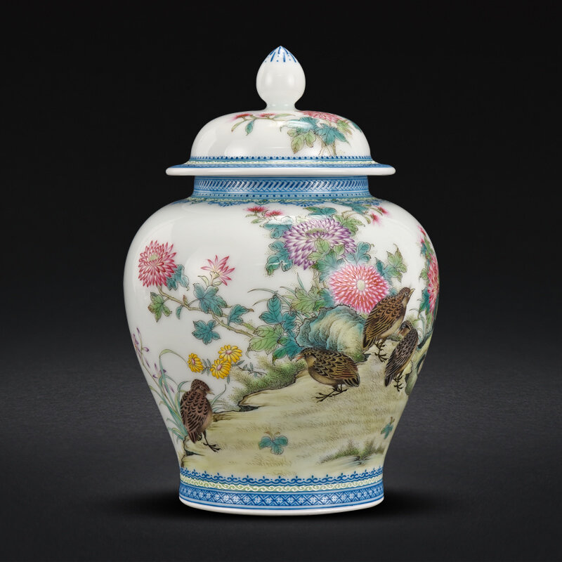 Jingdezhen-Codorniz pintado a mano, crisantemo, polvos de color, lata general, lata de té, almacenamiento de cerámica hecho a mano