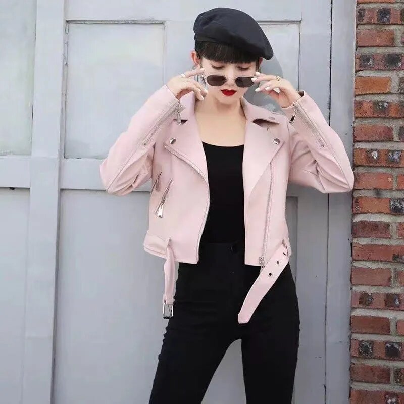 Куртка женская короткая из искусственной кожи, мотоциклетный пиджак на молнии из экокожи, верхняя одежда с поясом, Черный Розовый Белый цвет, весна-осень