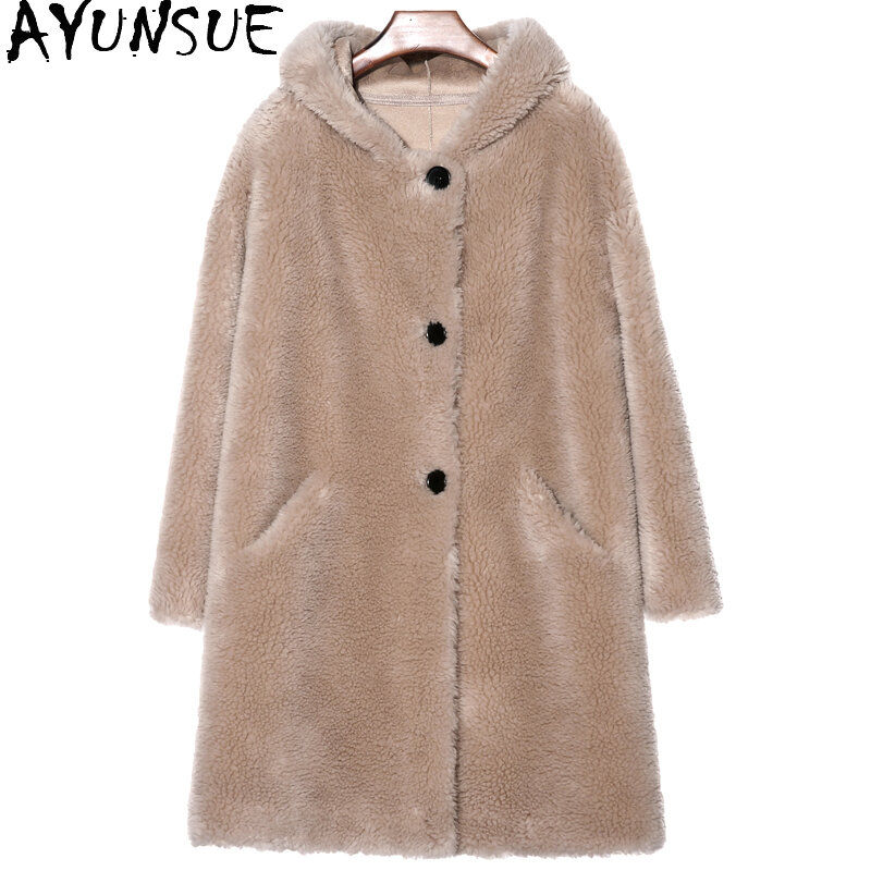 Ayunsu سترة الشتاء النسائية مقنعين معطف الصوف الحقيقي الإناث 2021 الكورية الأغنام القص سترة المرأة Casaco Feminino Gxy603