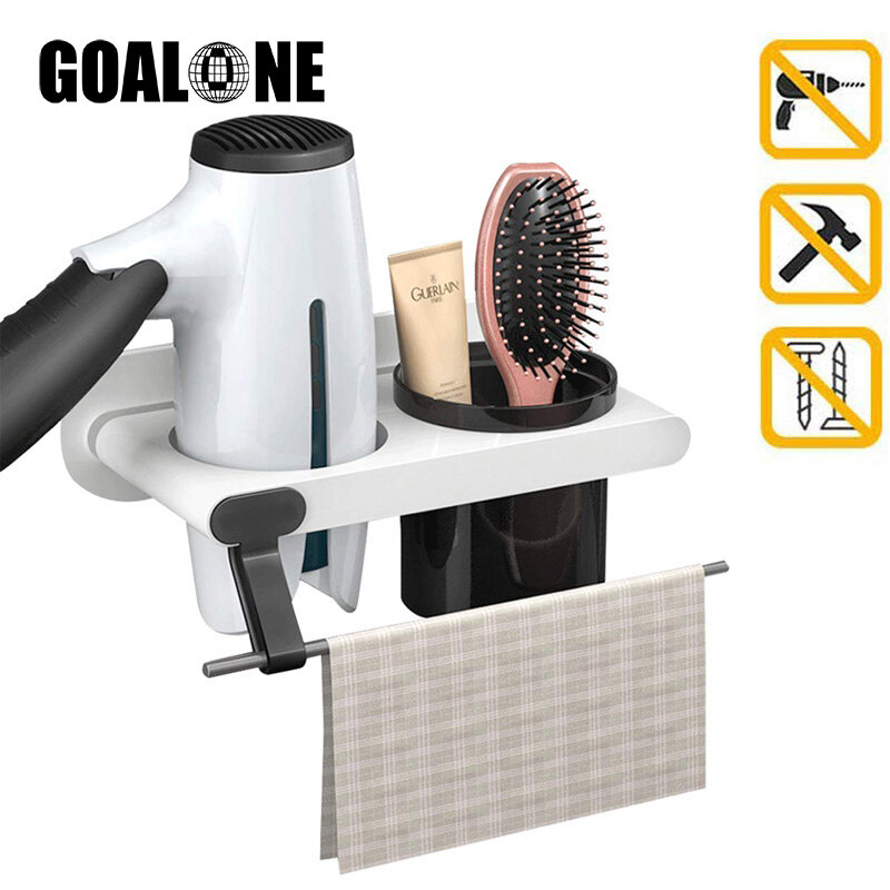 Wall Mount Hair Dryer Holder Adhesive Blow Dryer Shelf with Storage Cup Hair Tools Organizer with Plug Hook Bathroom Accessories