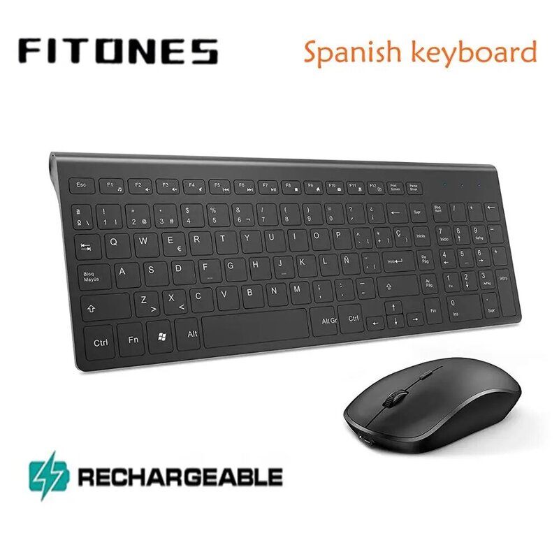 Беспроводная клавиатура и мышь с испанской раскладкой, 2,4 гигагерц, устойчивое соединение, перезаряжаемый аккумулятор, портативный, бесшум...