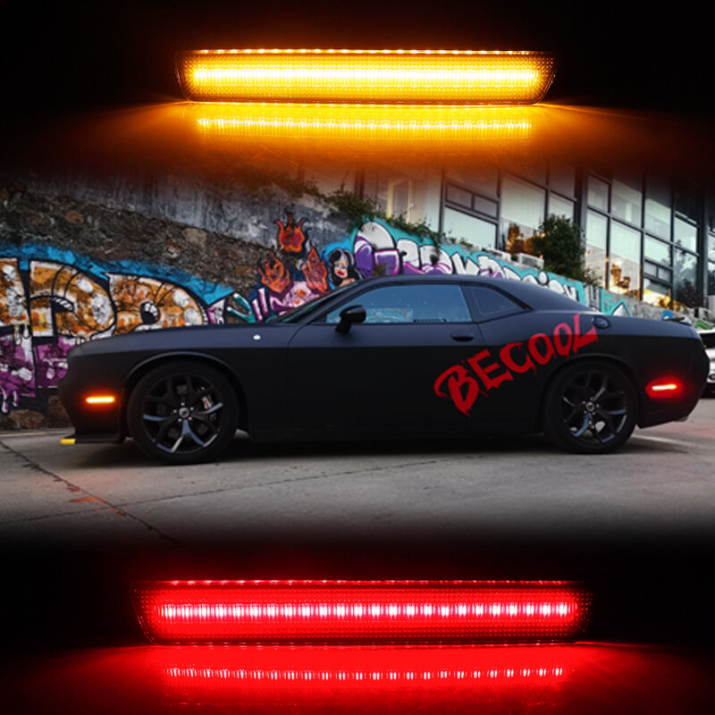 IJDM bursztynowy/czerwony pełna dioda LED światło obrysowe boczne na lata 2008-2020 Dodge Challenger włączony kierunkowskaz/światła parkingowe, OEM Sidemarker lampy