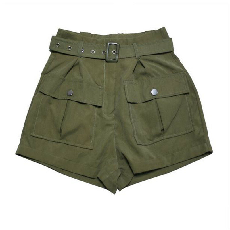 Mulheres casuais Uma Linha de Calças Curtas Novo 2018 Cintura Alta Shorts Calças de Verão Verde À Moda Das Senhoras Solto Cinto Praia Calças Curtas
