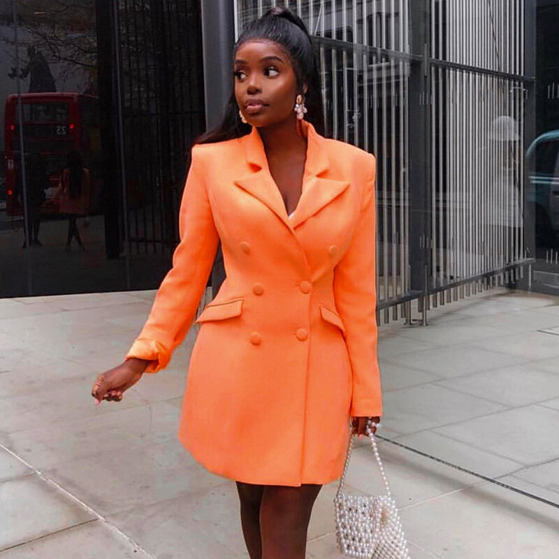 Cryptographic Deep V-neck Female Long Blazers Double Breasted Long Sleeve Orange Blazer Fashion Autumn 2019 Fitted Long Jackets