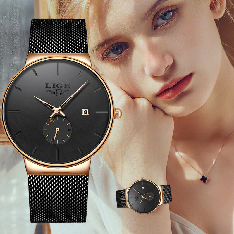 Часы наручные LIGE женские кварцевые, модные минималистичные брендовые Роскошные ультратонкие водонепроницаемые деловые, 2023