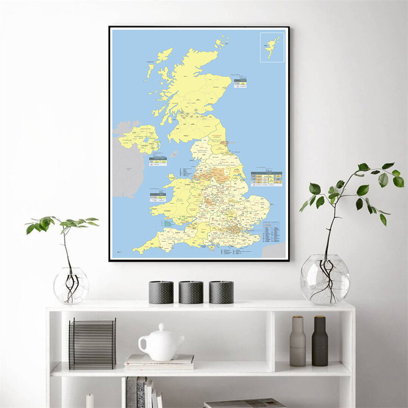 Affiche décorative sur toile avec carte du Royaume-Uni avec régions détaillées, peinture murale, décoration d'intérieur, fournitures scolaires, 42x59cm