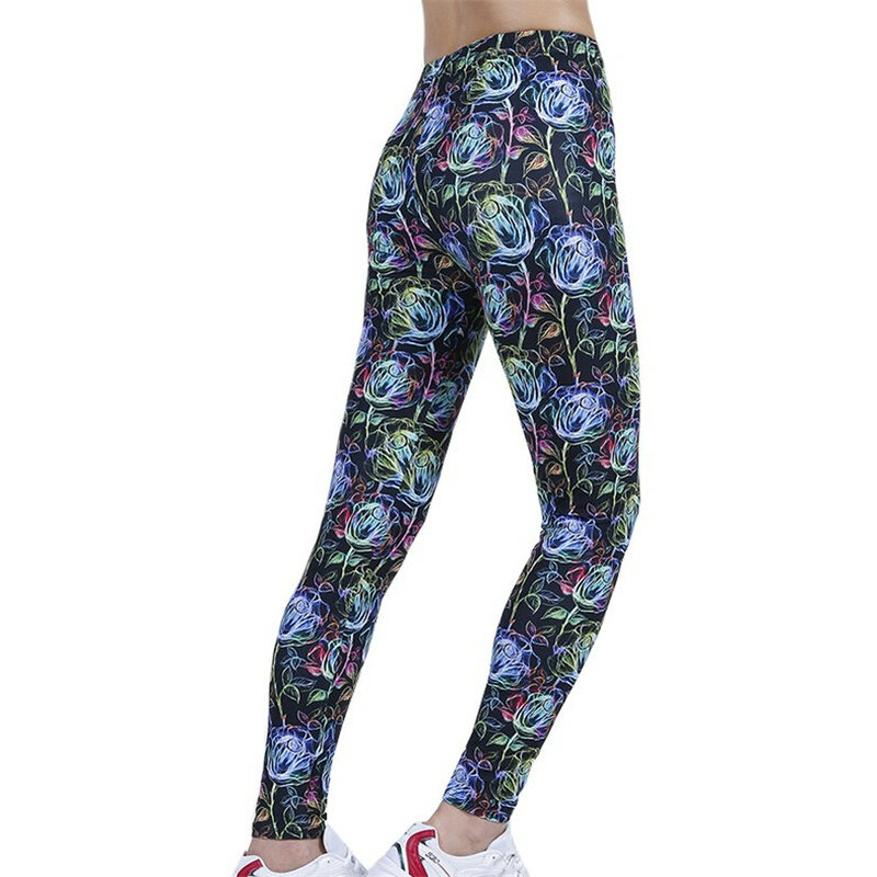 YRRETY rozciągliwe sportowe fluorescencyjne różowe kwiaty legginsy wysokiej talii rajstopy uciskowe Push Up Running kobiety siłownia spodnie