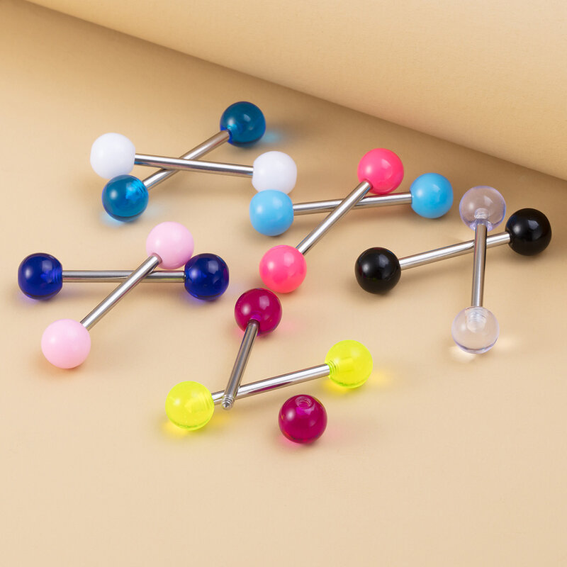10PCS Colorful Acrylic Ball Tongue Rings14g Surgical Steel Straight Tongue Piercing Barbells for Women Sex Body Piercing Jewelry