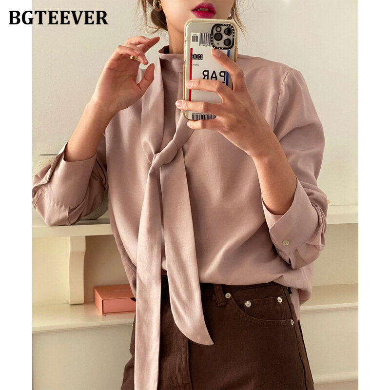 Bgteever blusa feminina com laço e pescoço, blusa de trabalho elegante para mulheres, para primavera e escritório, de manga comprida e solta 2021