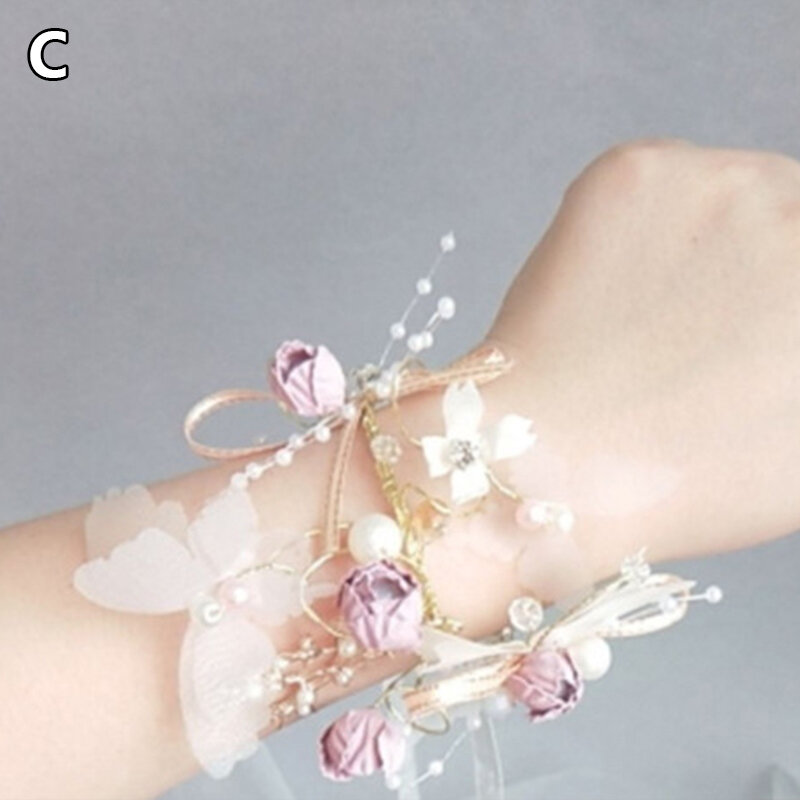Pengantin kristal pita mutiara bunga pergelangan tangan buatan tangan bunga kupu-kupu gelang gadis pengiring pengantin aksesori pernikahan