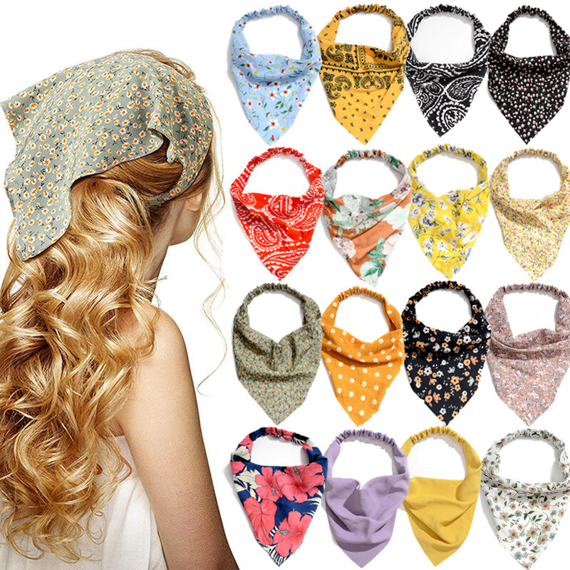 Женская эластичная повязка для волос 63 стиля, треугольная повязка на голову с цветочным принтом, повязка на голову, шарф, аксессуары для волос, головной убор